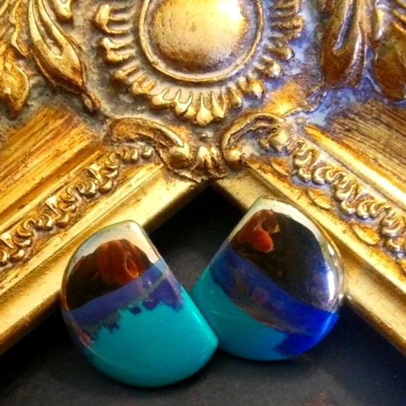 💥STUDIO MADE - Artisan Crafted Ceramic Turquoise Blue&Gold Gilt ClipOn Earrings - Picture 2 of 4